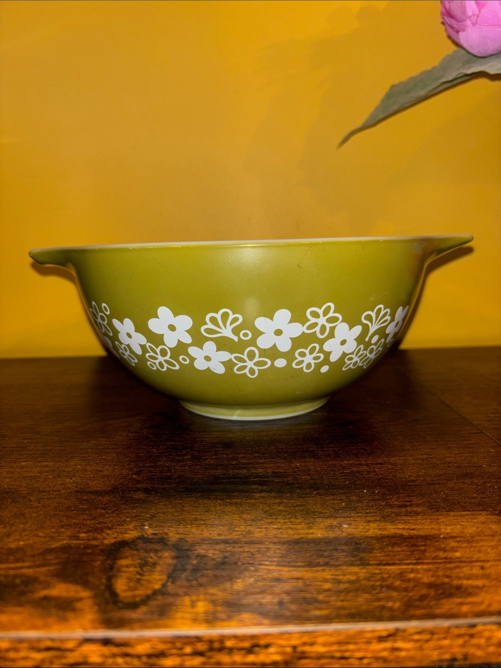 Pyrex Olive Green Floral Mixing Bowl with White Flower Pattern